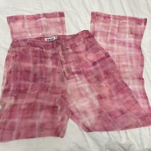 Super cute sheer pink tie dye checkered boot cut flare pants Y2K